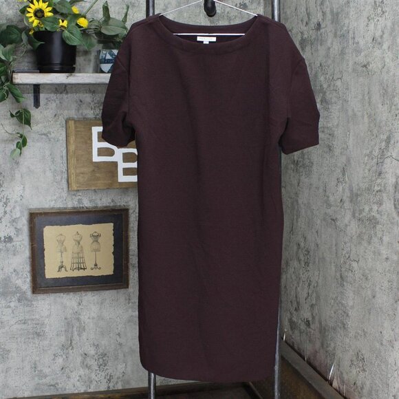 Prologue Women's Textured Knit Puff Short Sleeve Round Neck Dress Maroon Brown L - Picture 2 of 6